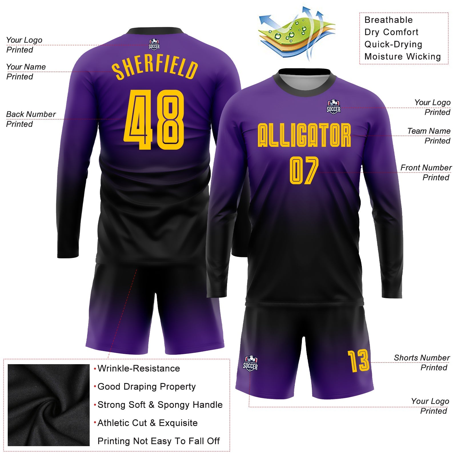 Custom Purple Gold-Black Sublimation Long Sleeve Fade Fashion Soccer Uniform Jersey view 3
