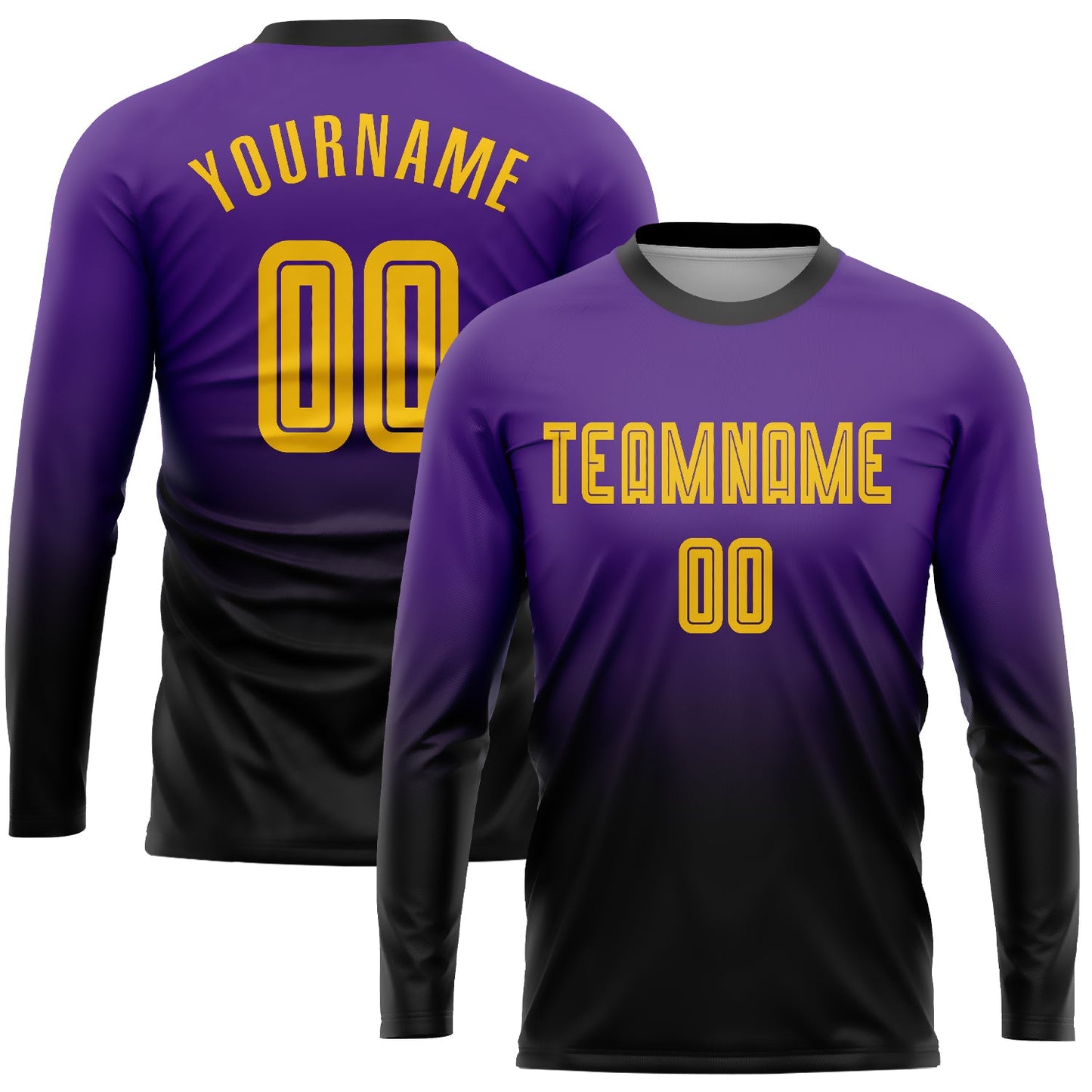 Custom Purple Gold-Black Sublimation Long Sleeve Fade Fashion Soccer Uniform Jersey - Main View