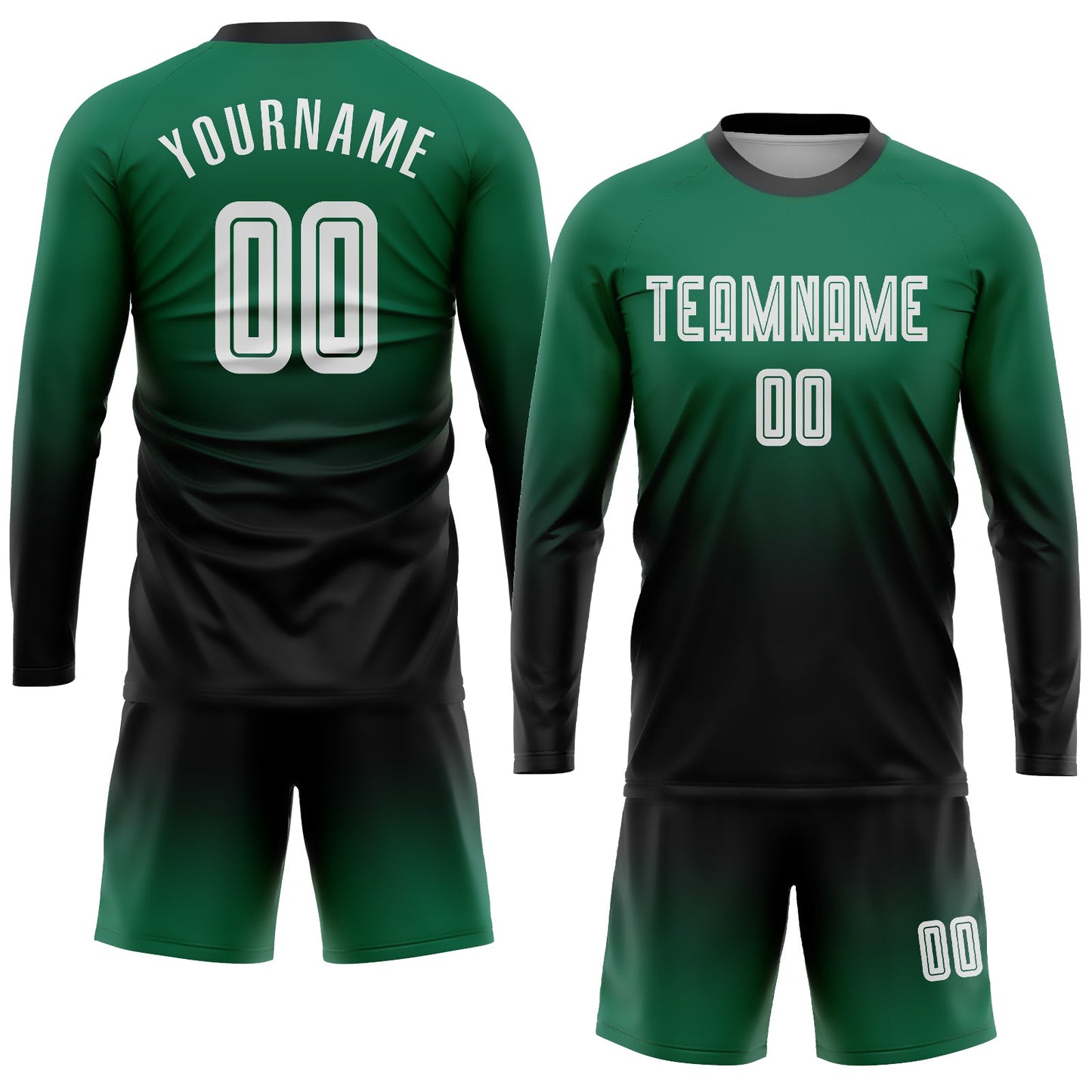 Custom Kelly Green White-Black Sublimation Long Sleeve Fade Fashion Soccer Uniform Jersey view 2