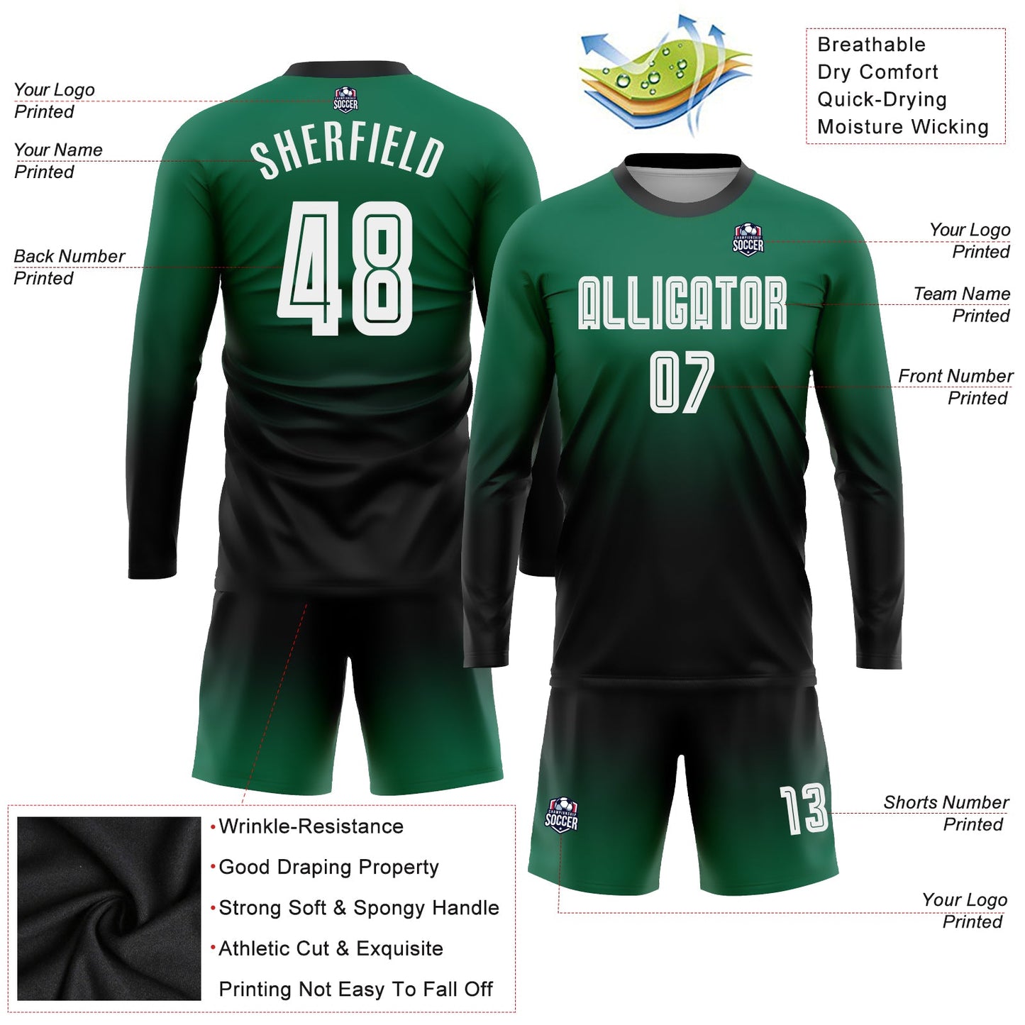 Custom Kelly Green White-Black Sublimation Long Sleeve Fade Fashion Soccer Uniform Jersey view 3