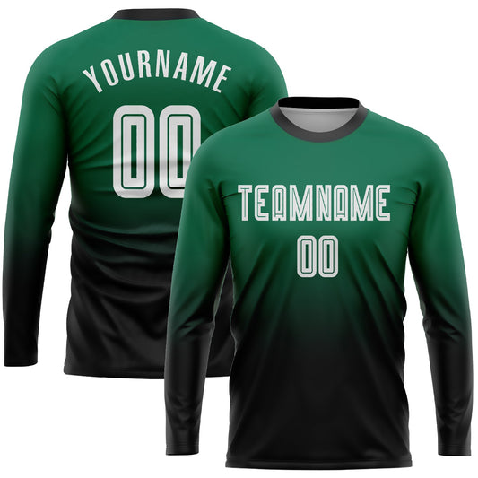 Custom Kelly Green White-Black Sublimation Long Sleeve Fade Fashion Soccer Uniform Jersey - Main View