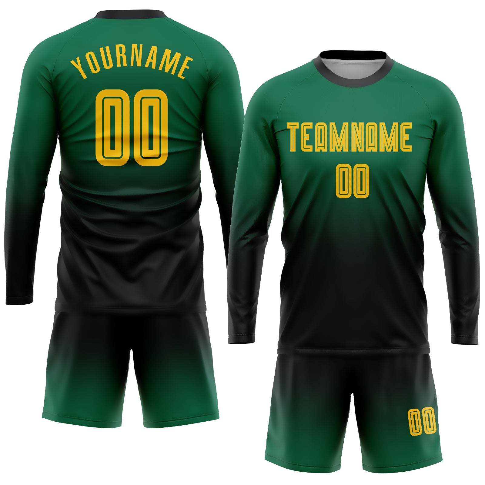 Custom Kelly Green Gold-Black Sublimation Long Sleeve Fade Fashion Soccer Uniform Jersey view 2