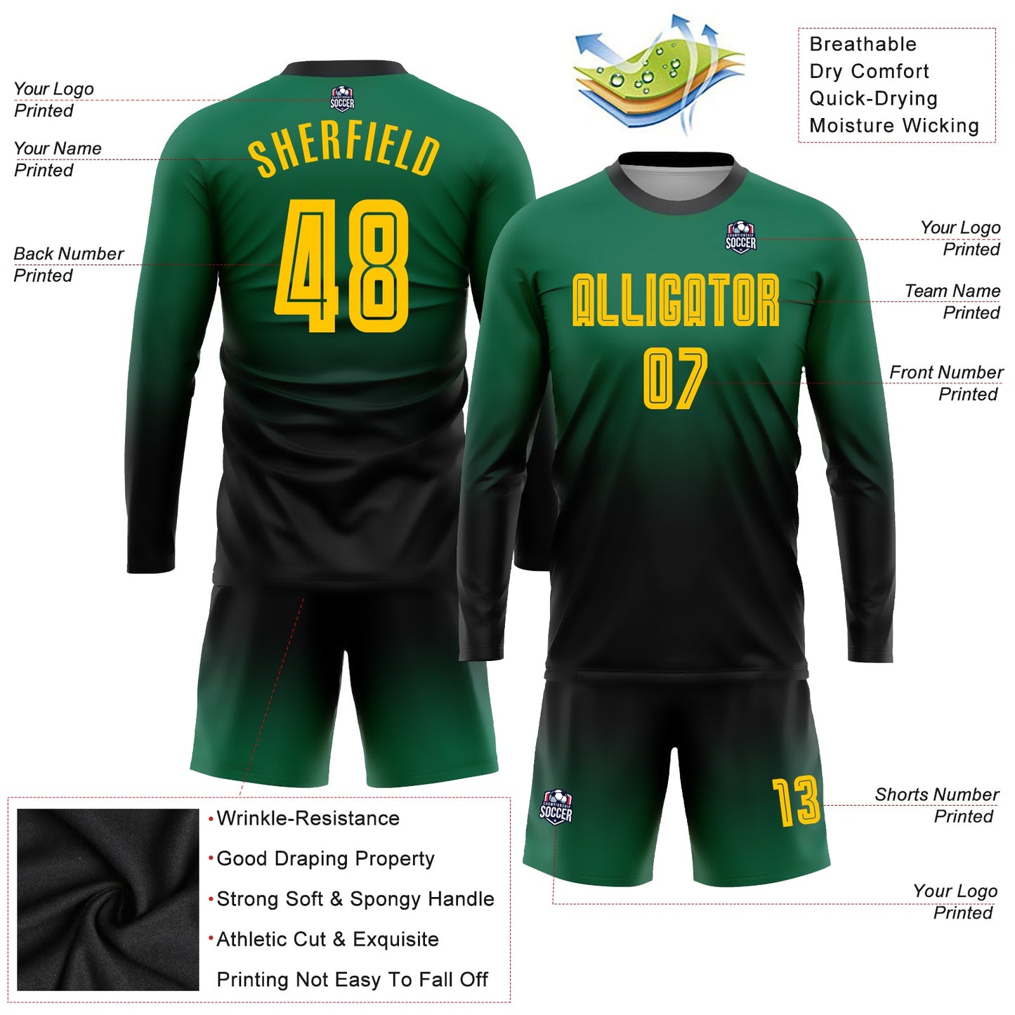 Custom Kelly Green Gold-Black Sublimation Long Sleeve Fade Fashion Soccer Uniform Jersey view 3