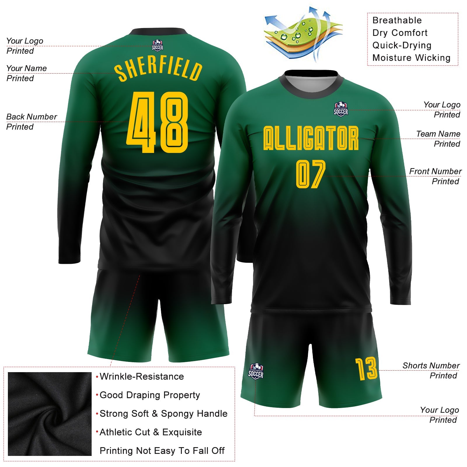 Custom Kelly Green Gold-Black Sublimation Long Sleeve Fade Fashion Soccer Uniform Jersey view 3