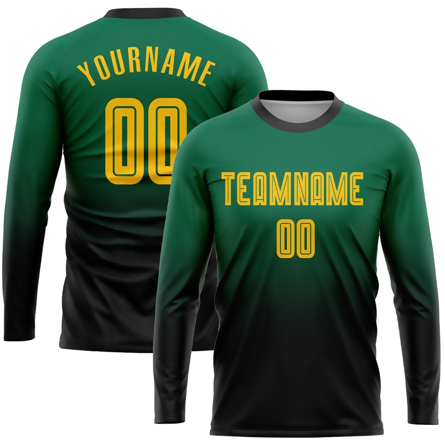 Custom Kelly Green Gold-Black Sublimation Long Sleeve Fade Fashion Soccer Uniform Jersey - Main View