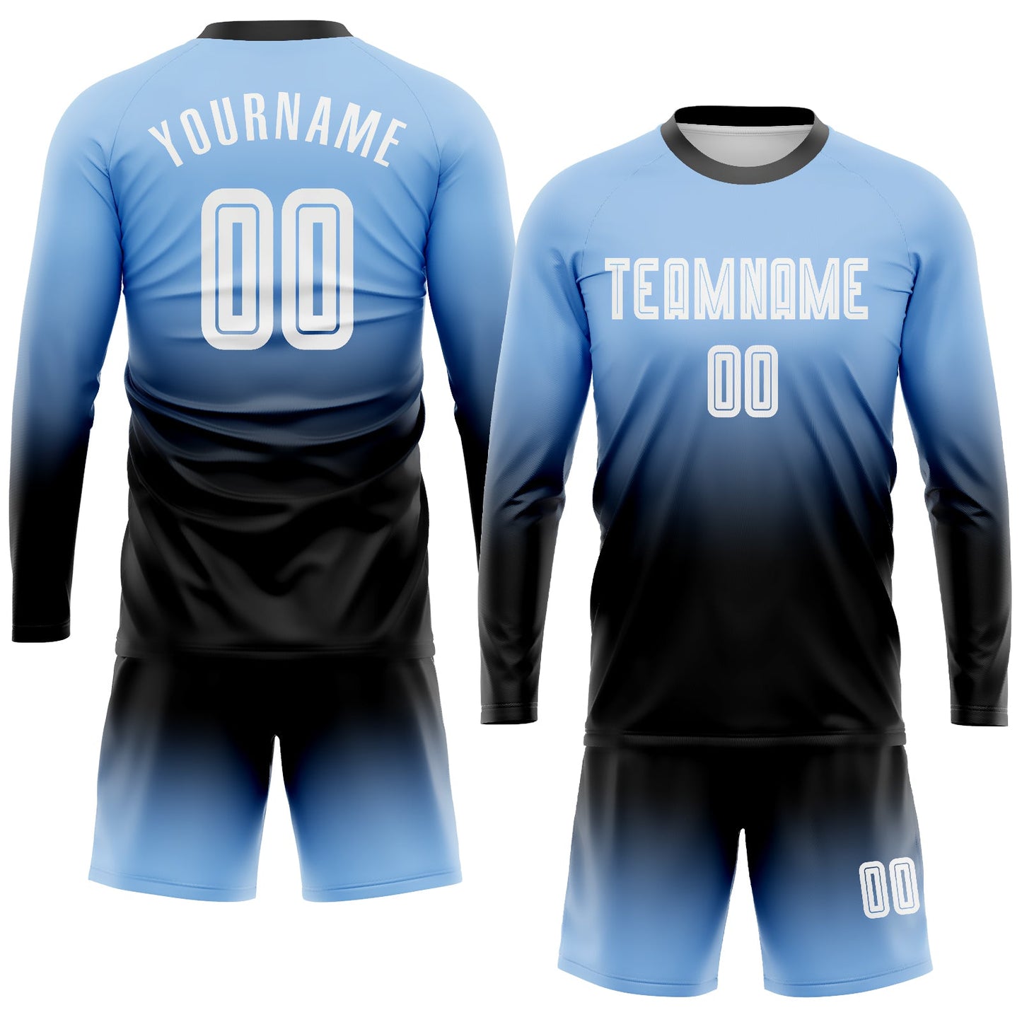 Custom Light Blue White-Black Sublimation Long Sleeve Fade Fashion Soccer Uniform Jersey view 2