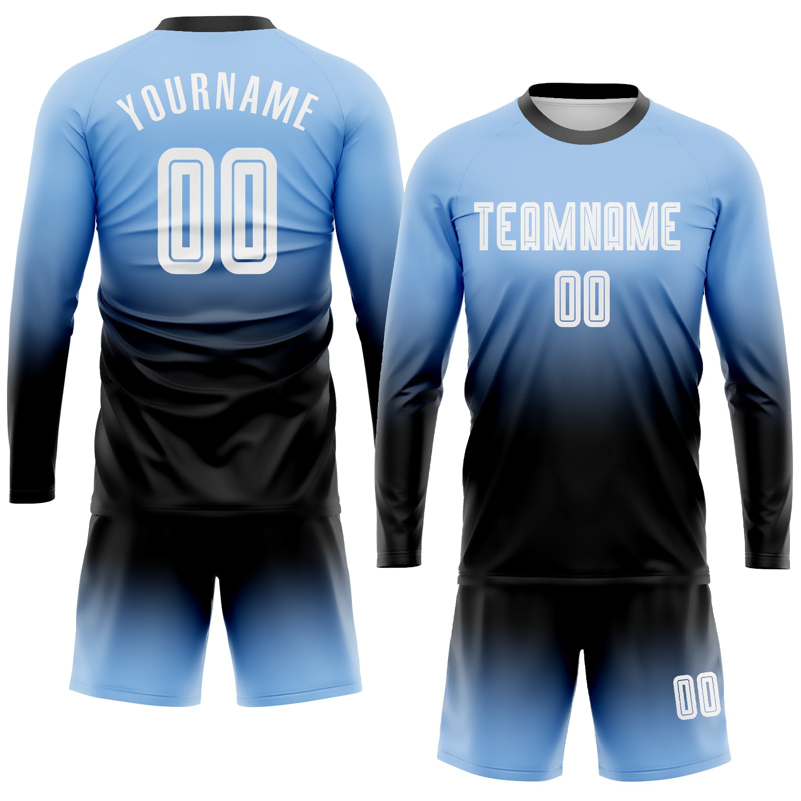 Custom Light Blue White-Black Sublimation Long Sleeve Fade Fashion Soccer Uniform Jersey view 2