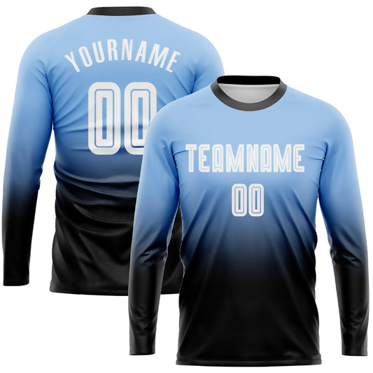 Custom Light Blue White-Black Sublimation Long Sleeve Fade Fashion Soccer Uniform Jersey - Main View