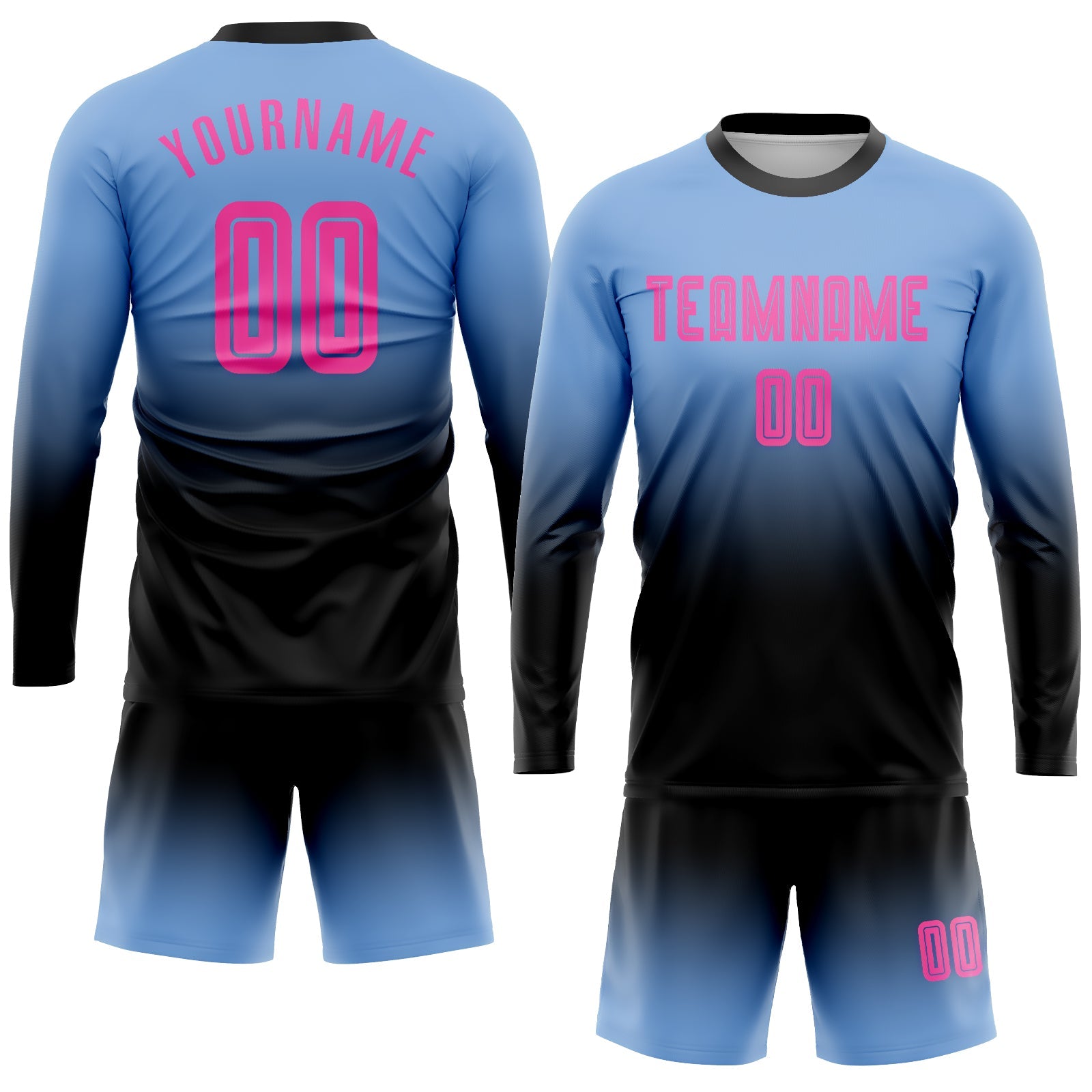 Custom Light Blue Pink-Black Sublimation Long Sleeve Fade Fashion Soccer Uniform Jersey view 2