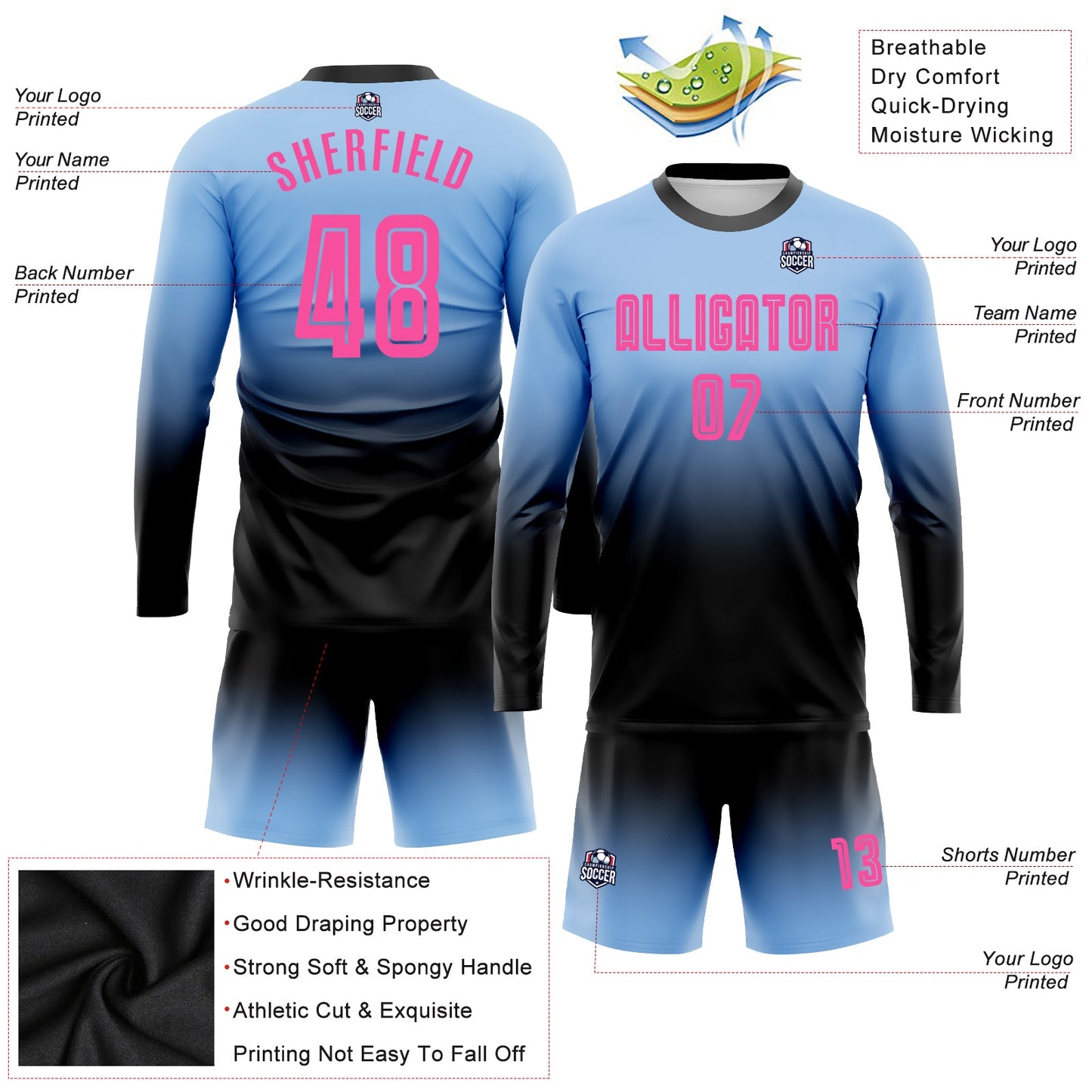 Custom Light Blue Pink-Black Sublimation Long Sleeve Fade Fashion Soccer Uniform Jersey view 3