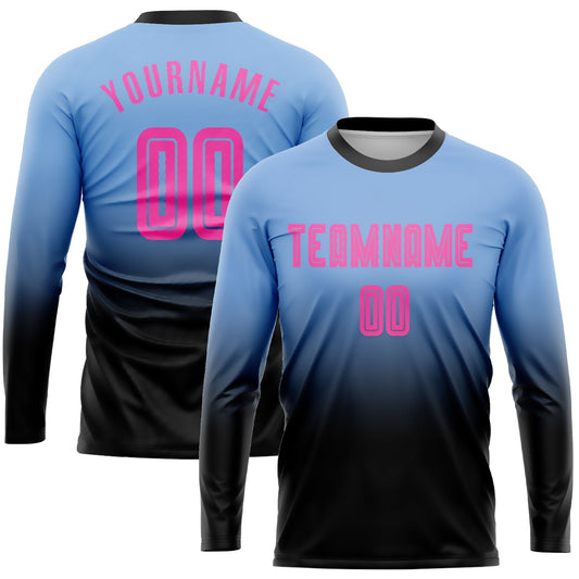 Custom Light Blue Pink-Black Sublimation Long Sleeve Fade Fashion Soccer Uniform Jersey - Main View