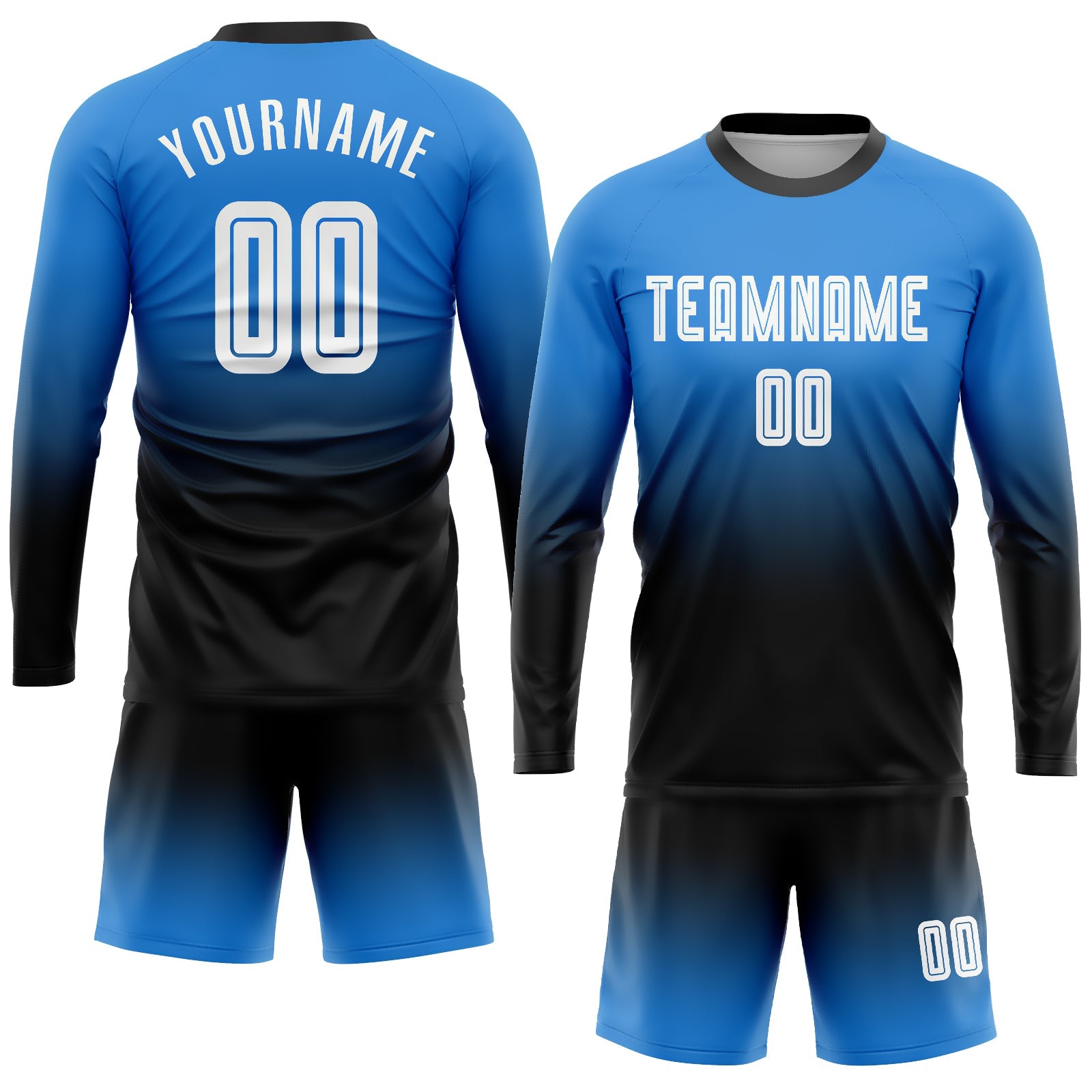 Custom Powder Blue White-Black Sublimation Long Sleeve Fade Fashion Soccer Uniform Jersey view 2