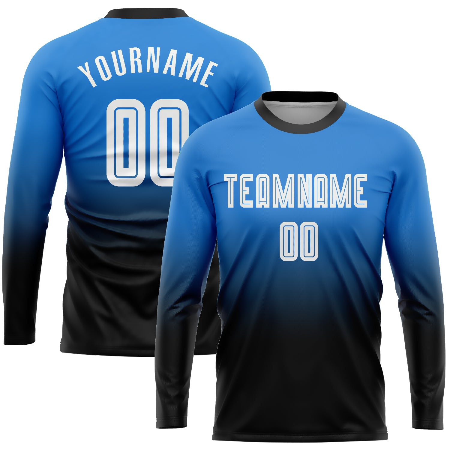 Custom Powder Blue White-Black Sublimation Long Sleeve Fade Fashion Soccer Uniform Jersey - Main View