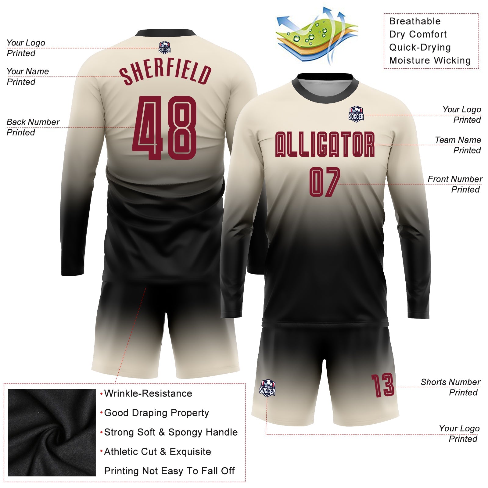 Custom Cream Crimson-Black Sublimation Long Sleeve Fade Fashion Soccer Uniform Jersey view 3