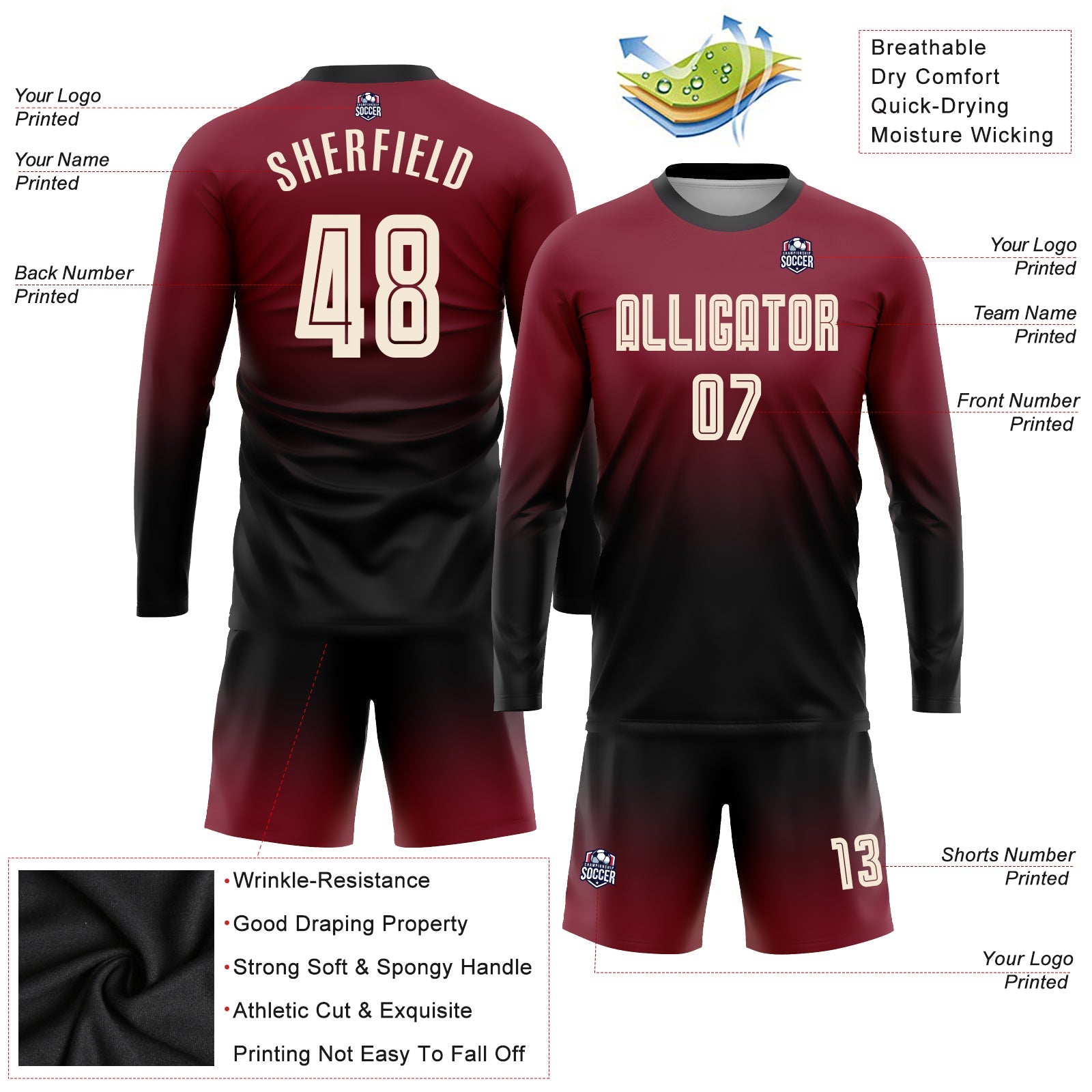Custom Crimson Cream-Black Sublimation Long Sleeve Fade Fashion Soccer Uniform Jersey view 3