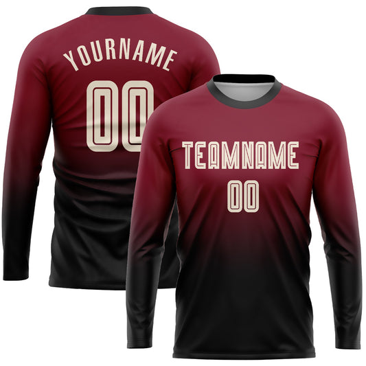 Custom Crimson Cream-Black Sublimation Long Sleeve Fade Fashion Soccer Uniform Jersey - Main View