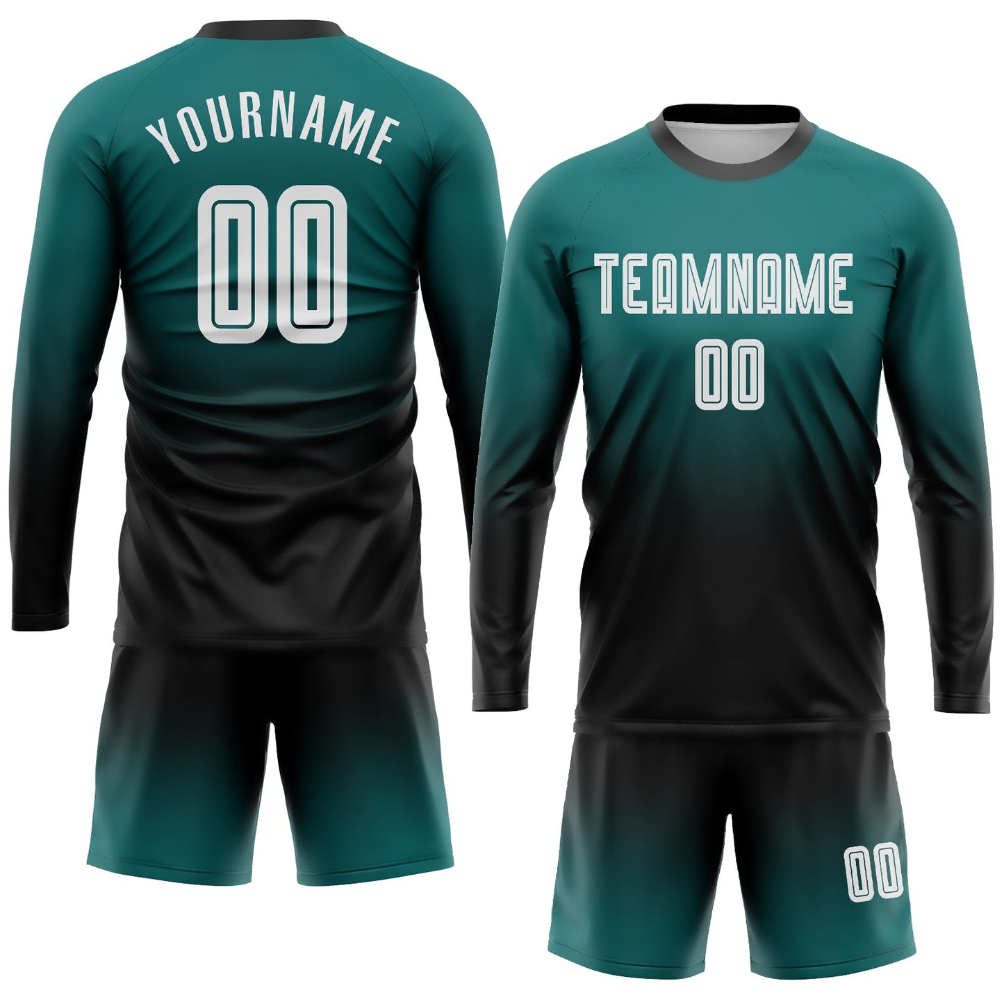 Custom Teal White-Black Sublimation Long Sleeve Fade Fashion Soccer Uniform Jersey view 2