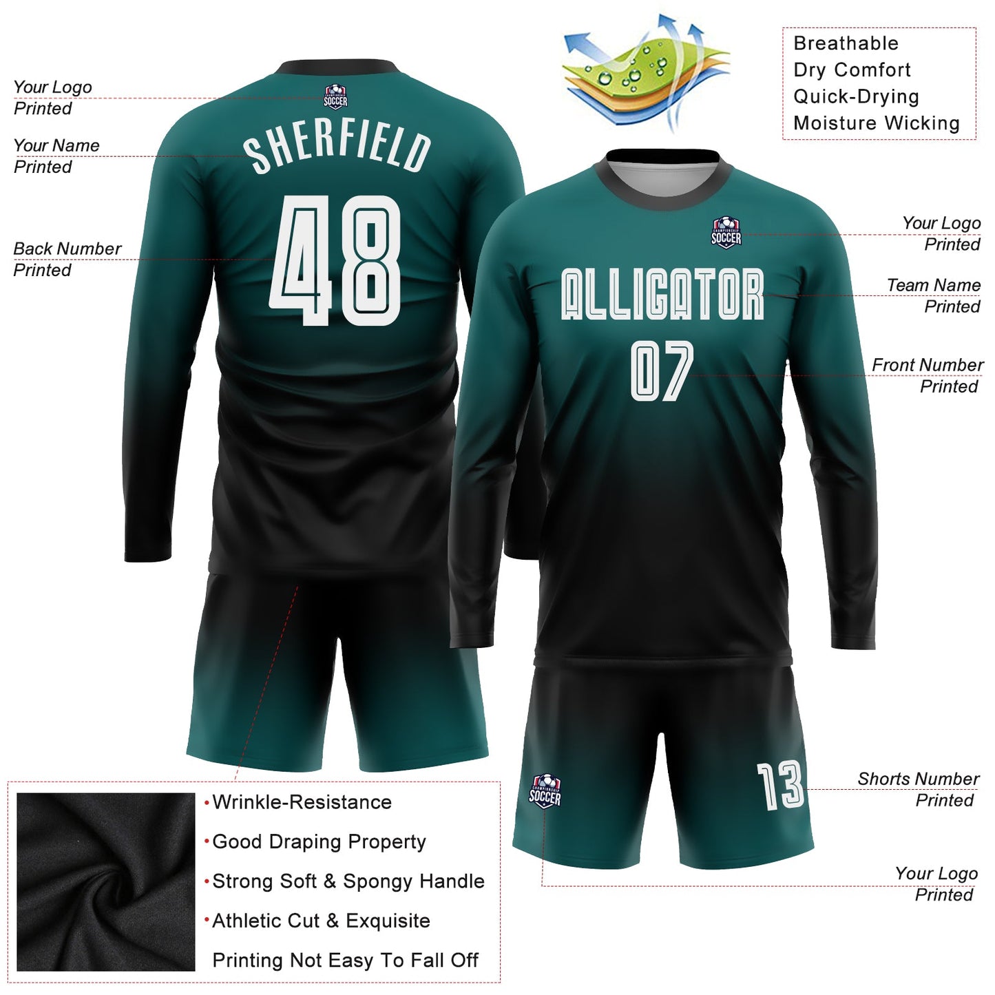 Custom Teal White-Black Sublimation Long Sleeve Fade Fashion Soccer Uniform Jersey view 3