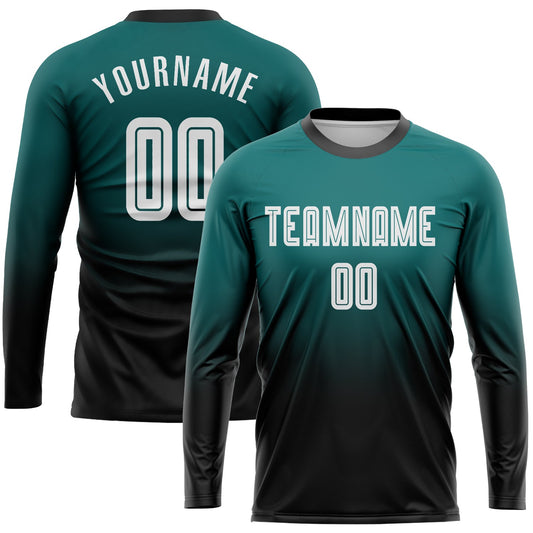 Custom Teal White-Black Sublimation Long Sleeve Fade Fashion Soccer Uniform Jersey - Main View