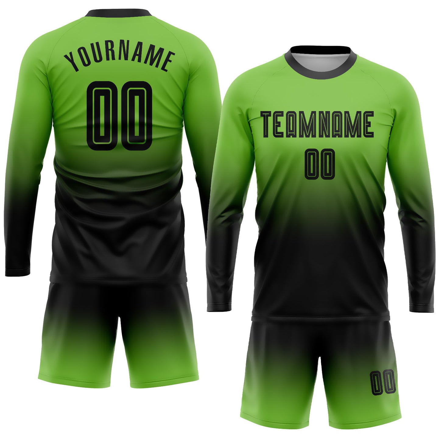 Custom Neon Green Black Sublimation Long Sleeve Fade Fashion Soccer Uniform Jersey view 2