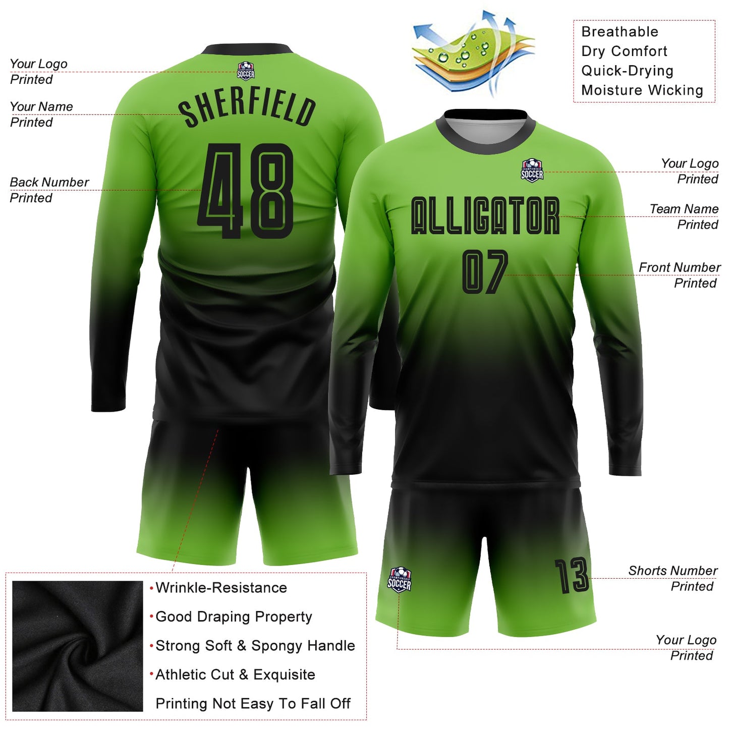 Custom Neon Green Black Sublimation Long Sleeve Fade Fashion Soccer Uniform Jersey view 3