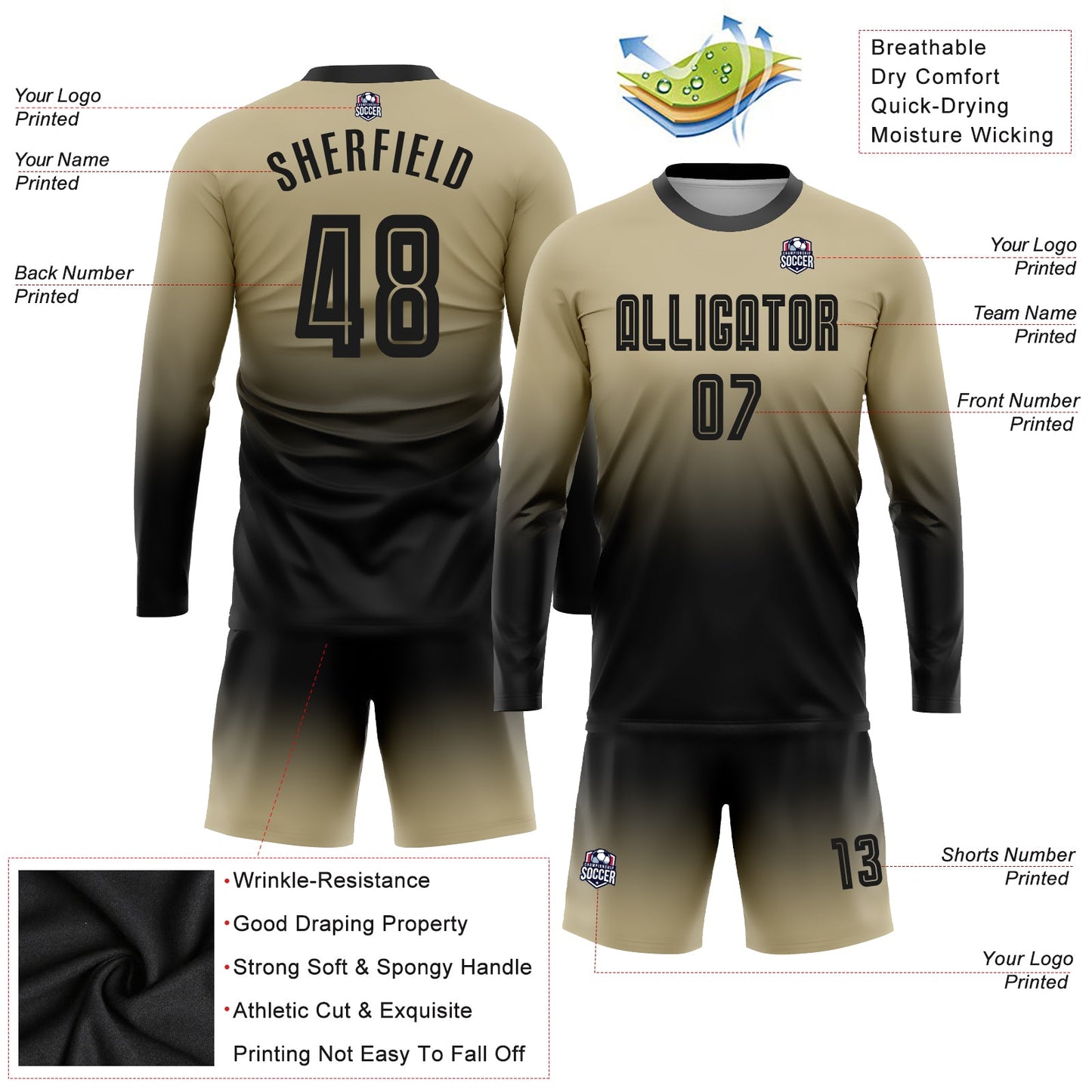 Custom Vegas Gold Black Sublimation Long Sleeve Fade Fashion Soccer Uniform Jersey view 3