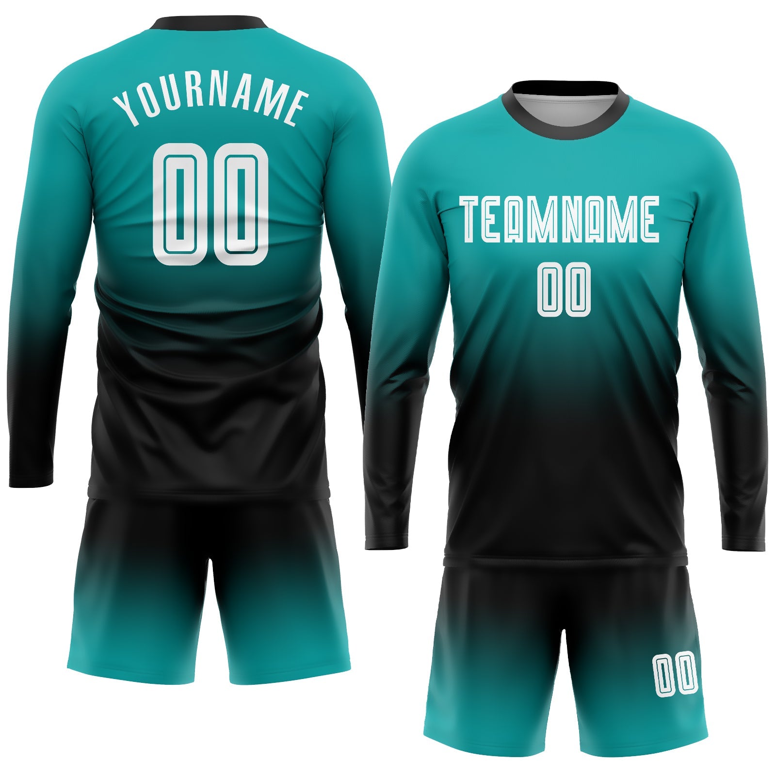 Custom Aqua White-Black Sublimation Long Sleeve Fade Fashion Soccer Uniform Jersey view 2