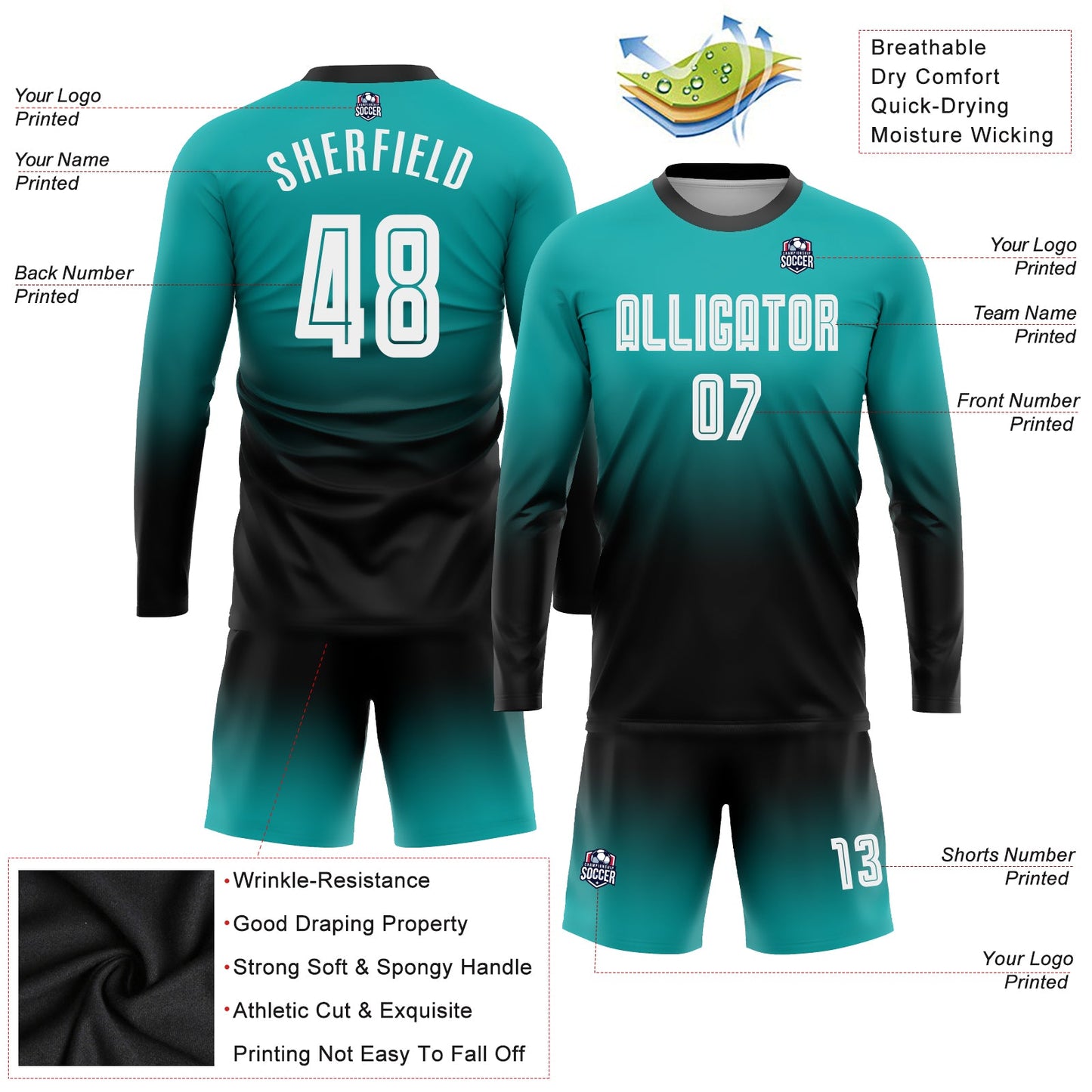 Custom Aqua White-Black Sublimation Long Sleeve Fade Fashion Soccer Uniform Jersey view 3