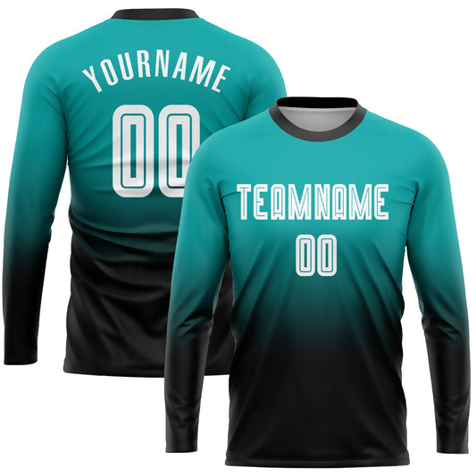 Custom Aqua White-Black Sublimation Long Sleeve Fade Fashion Soccer Uniform Jersey - Main View