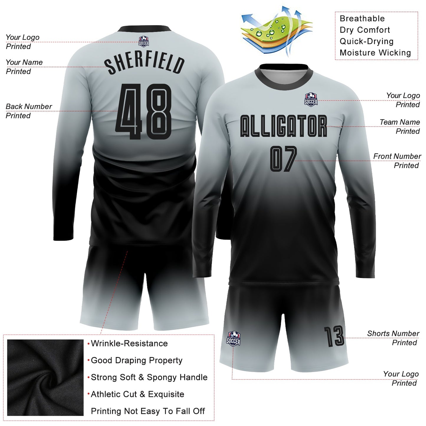 Custom Silver Black Sublimation Long Sleeve Fade Fashion Soccer Uniform Jersey view 3