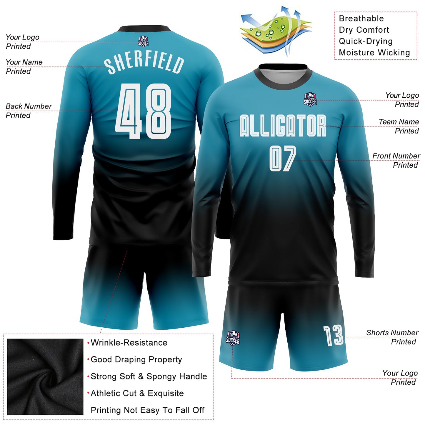 Custom Panther Blue White-Black Sublimation Long Sleeve Fade Fashion Soccer Uniform Jersey view 3