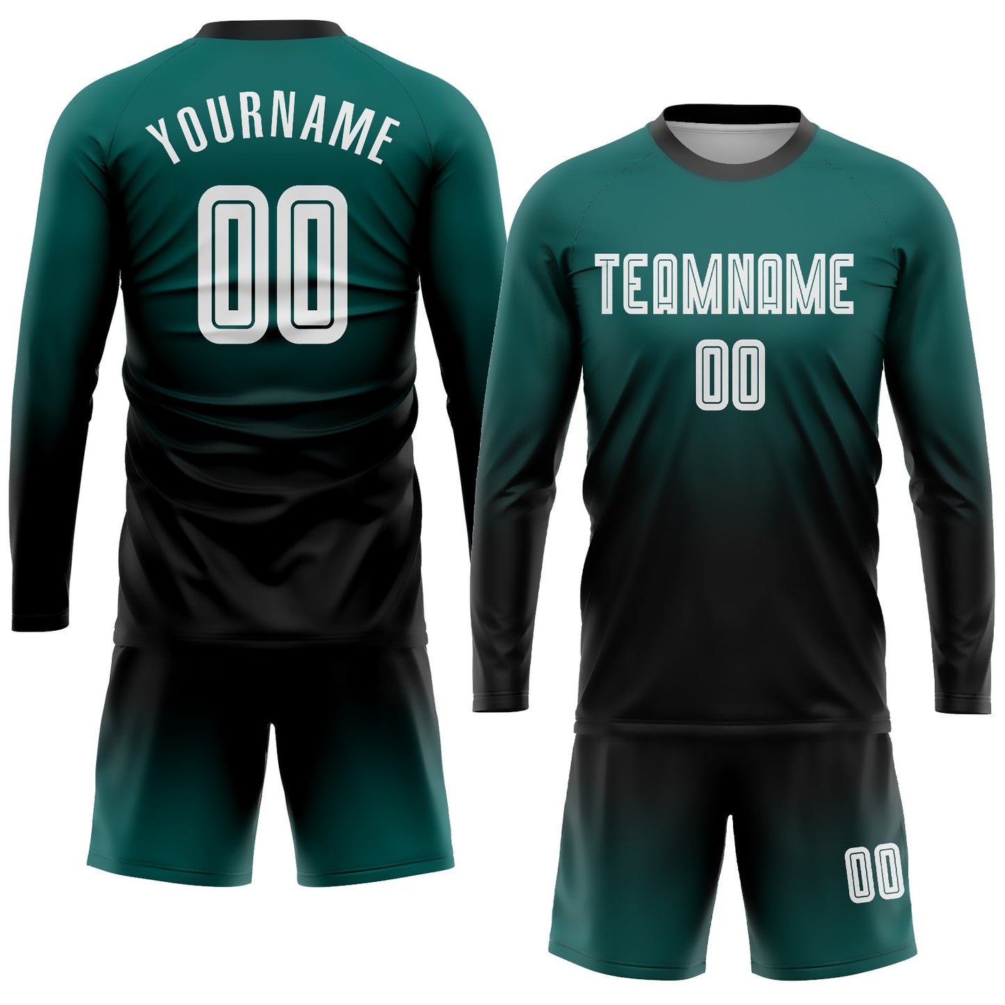 Custom Midnight Green White-Black Sublimation Long Sleeve Fade Fashion Soccer Uniform Jersey view 2