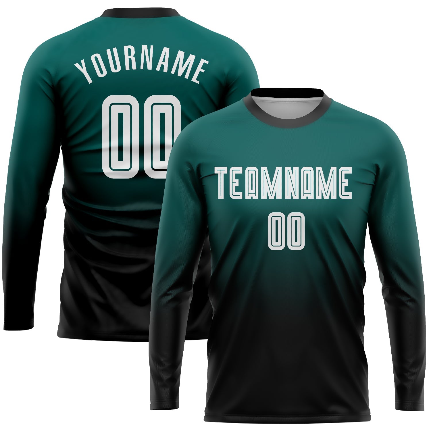 Custom Midnight Green White-Black Sublimation Long Sleeve Fade Fashion Soccer Uniform Jersey - Main View