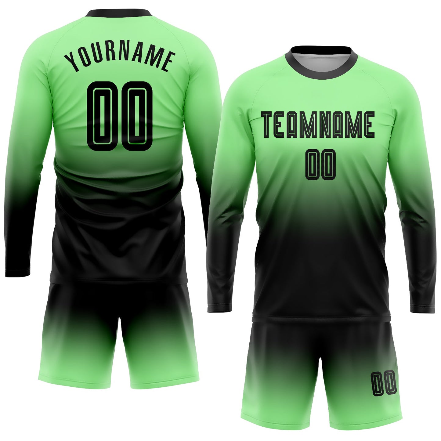 Custom Pea Green Black Sublimation Long Sleeve Fade Fashion Soccer Uniform Jersey view 2