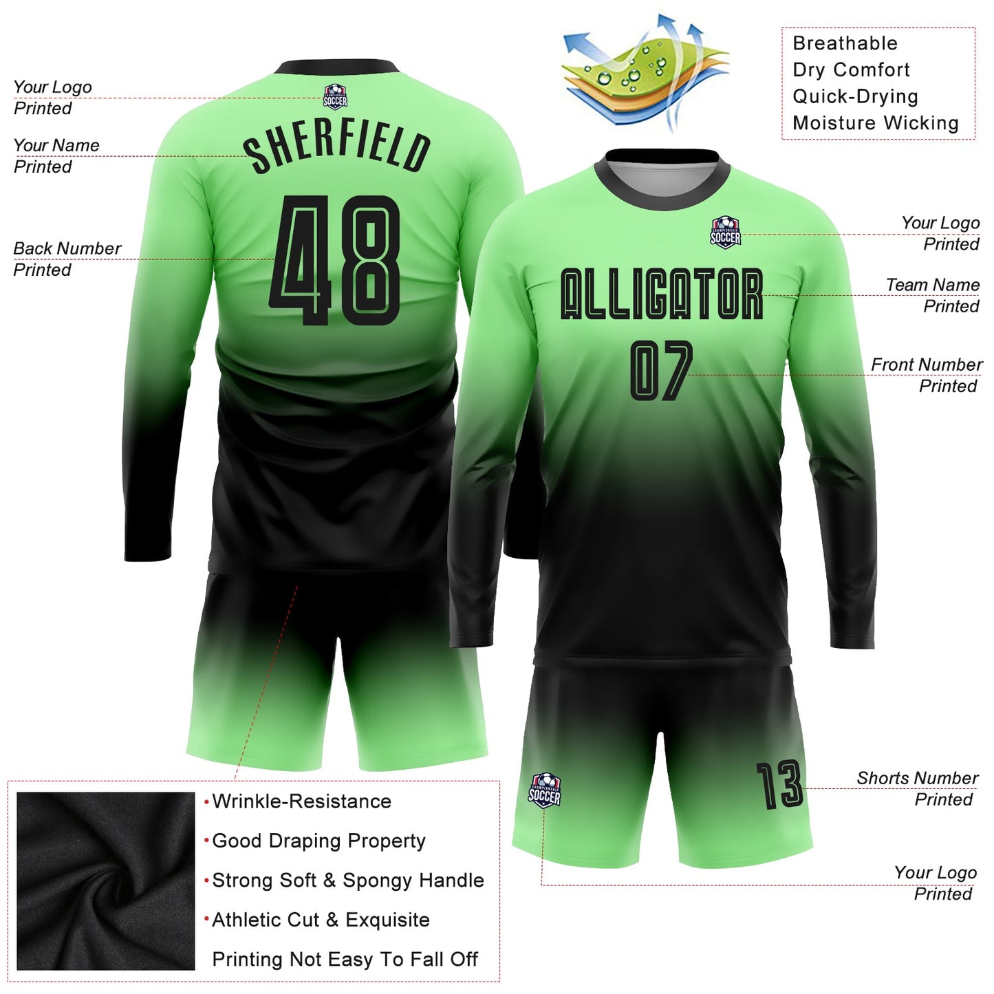 Custom Pea Green Black Sublimation Long Sleeve Fade Fashion Soccer Uniform Jersey view 3