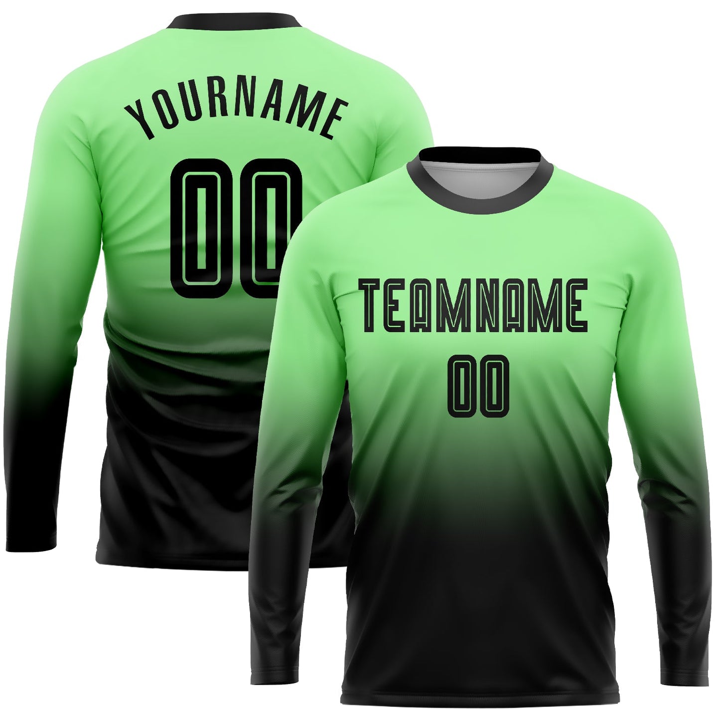 Custom Pea Green Black Sublimation Long Sleeve Fade Fashion Soccer Uniform Jersey - Main View