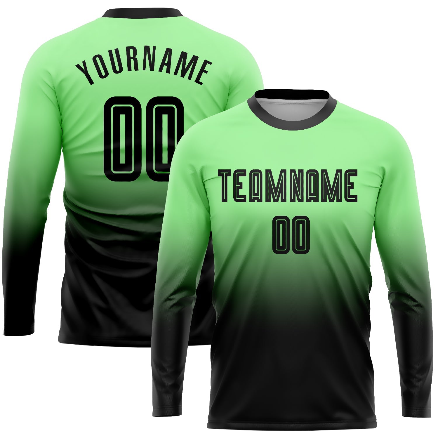 Custom Pea Green Black Sublimation Long Sleeve Fade Fashion Soccer Uniform Jersey - Main View