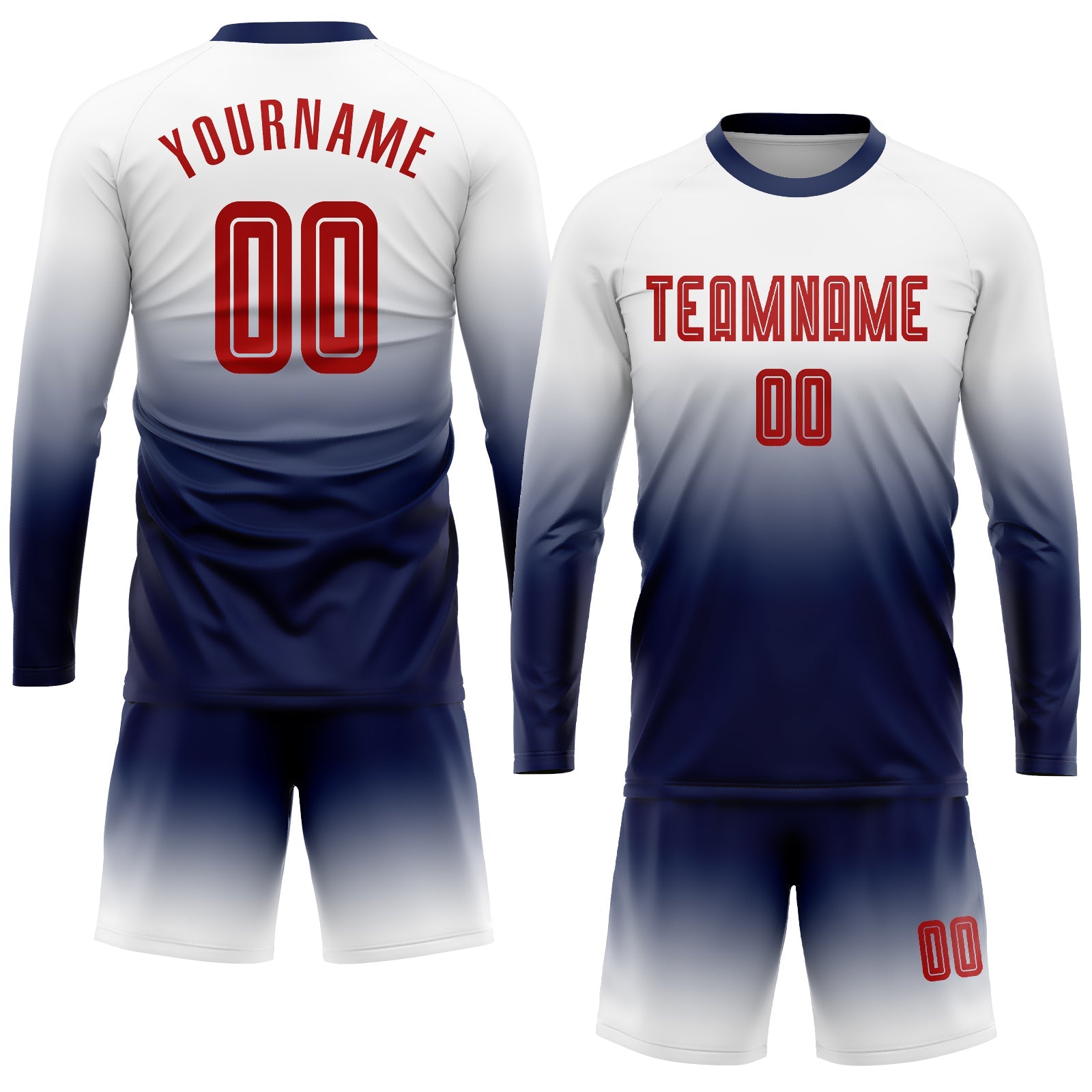 Custom White Red-Navy Sublimation Long Sleeve Fade Fashion Soccer Uniform Jersey view 2