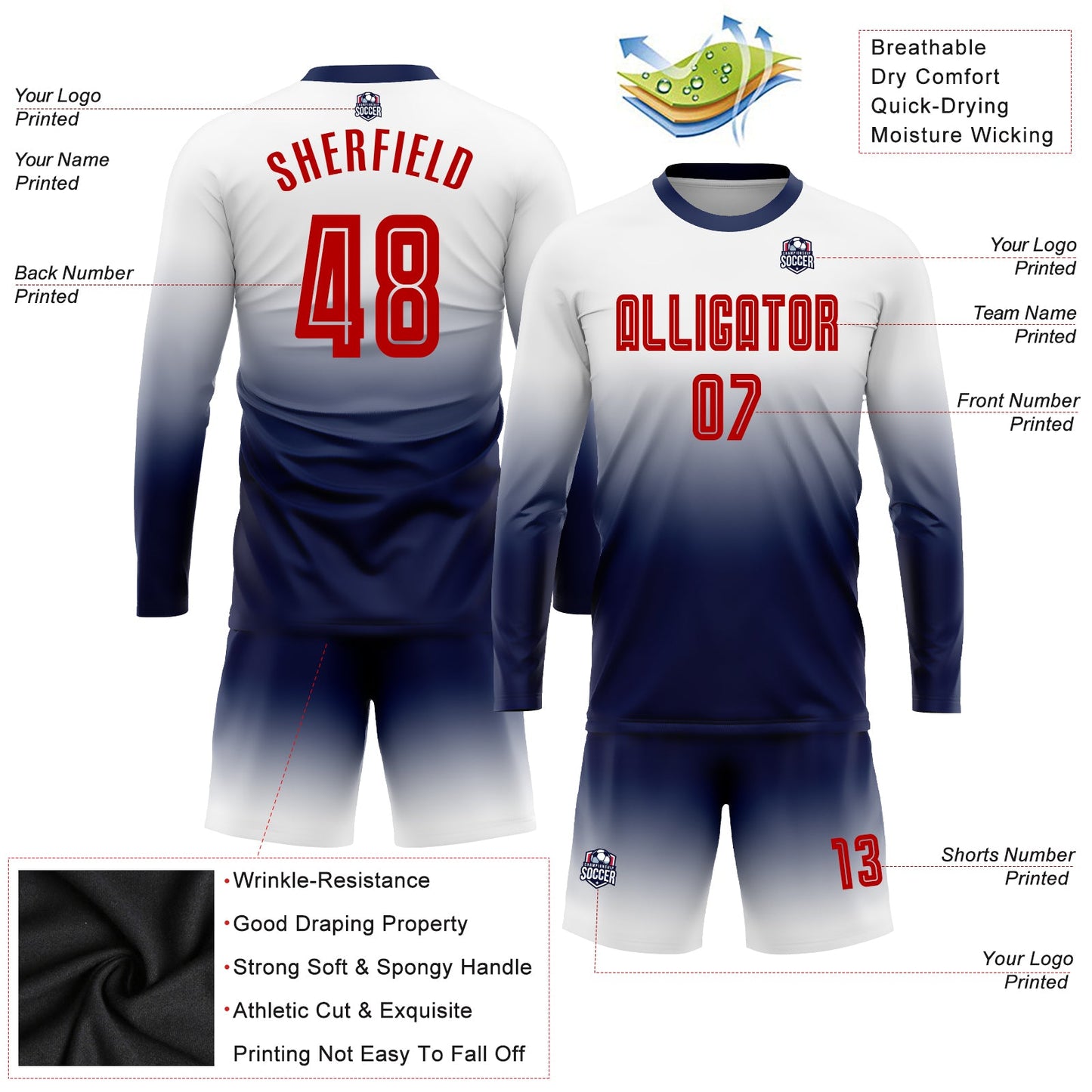 Custom White Red-Navy Sublimation Long Sleeve Fade Fashion Soccer Uniform Jersey view 3