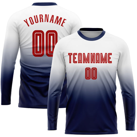 Custom White Red-Navy Sublimation Long Sleeve Fade Fashion Soccer Uniform Jersey - Main View