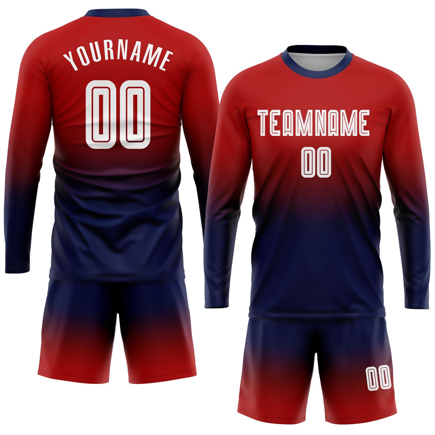 Custom Red White-Navy Sublimation Long Sleeve Fade Fashion Soccer Uniform Jersey view 2