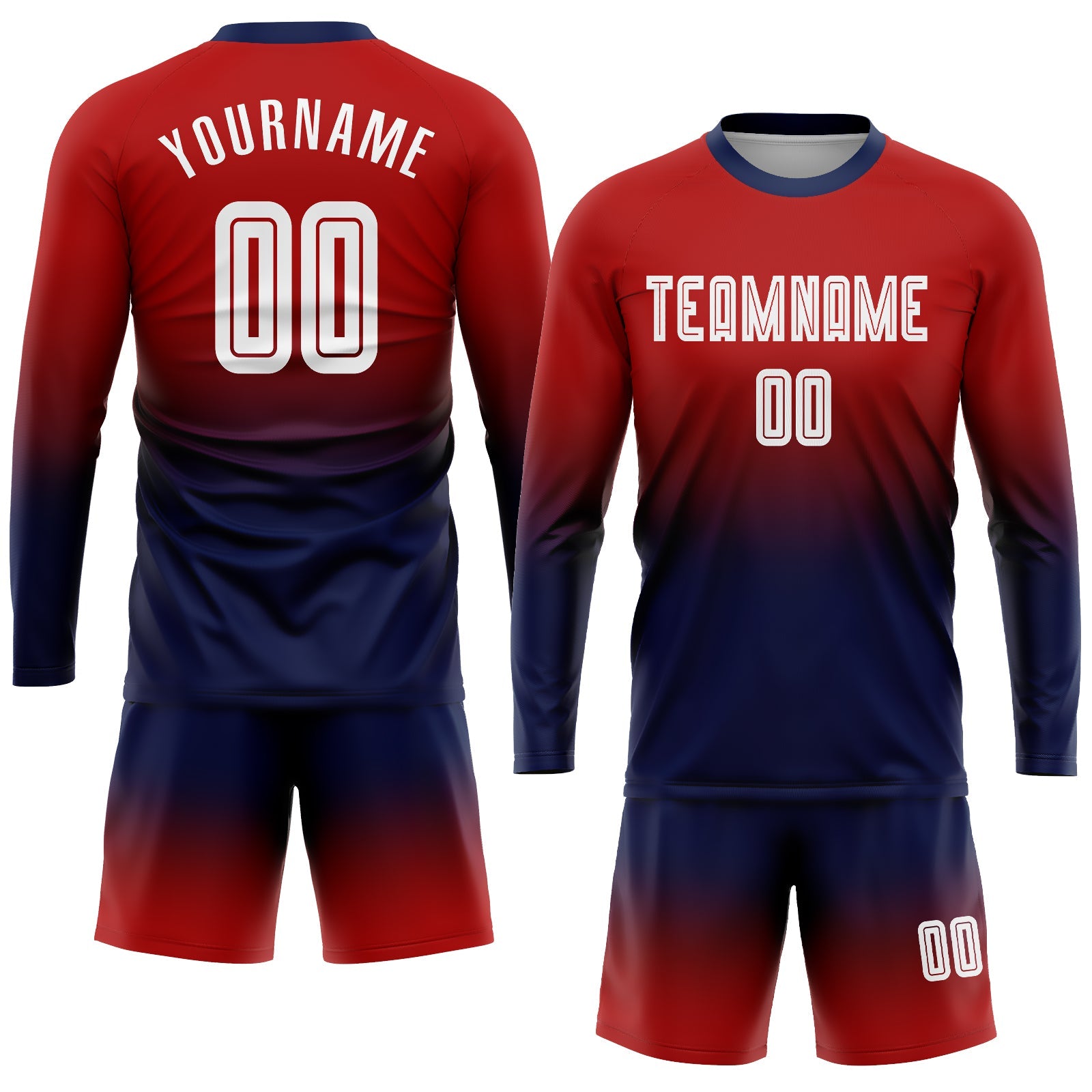 Custom Red White-Navy Sublimation Long Sleeve Fade Fashion Soccer Uniform Jersey view 2