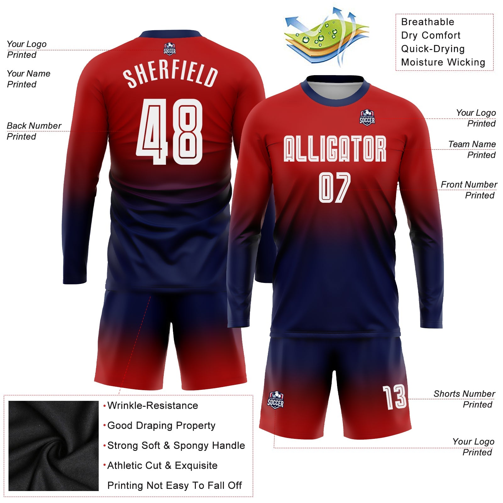 Custom Red White-Navy Sublimation Long Sleeve Fade Fashion Soccer Uniform Jersey view 3