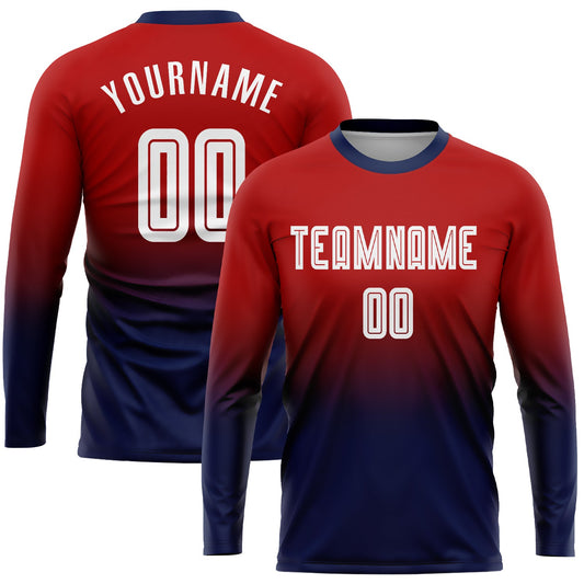 Custom Red White-Navy Sublimation Long Sleeve Fade Fashion Soccer Uniform Jersey - Main View