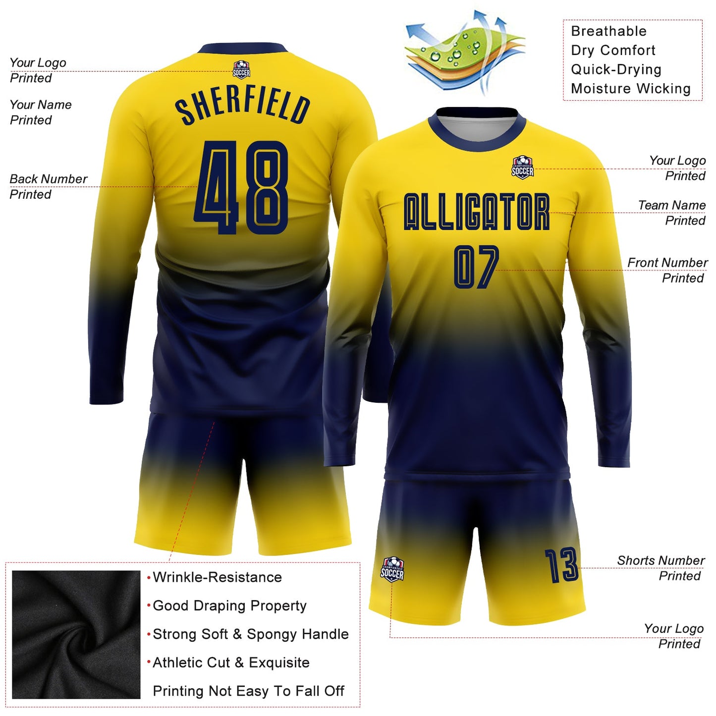 Custom Gold Navy Sublimation Long Sleeve Fade Fashion Soccer Uniform Jersey view 3