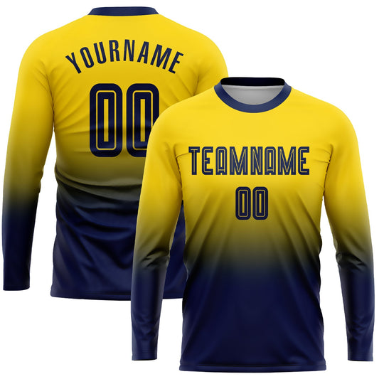 Custom Gold Navy Sublimation Long Sleeve Fade Fashion Soccer Uniform Jersey - Main View