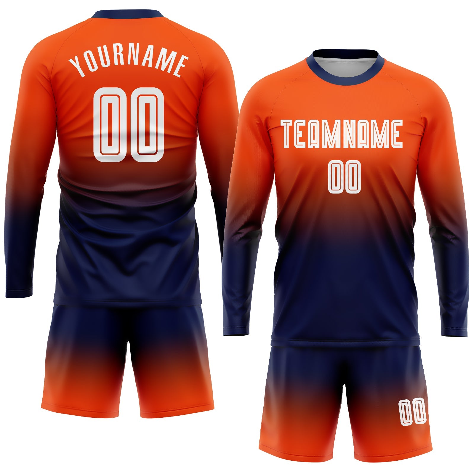 Custom Orange White-Navy Sublimation Long Sleeve Fade Fashion Soccer Uniform Jersey view 2