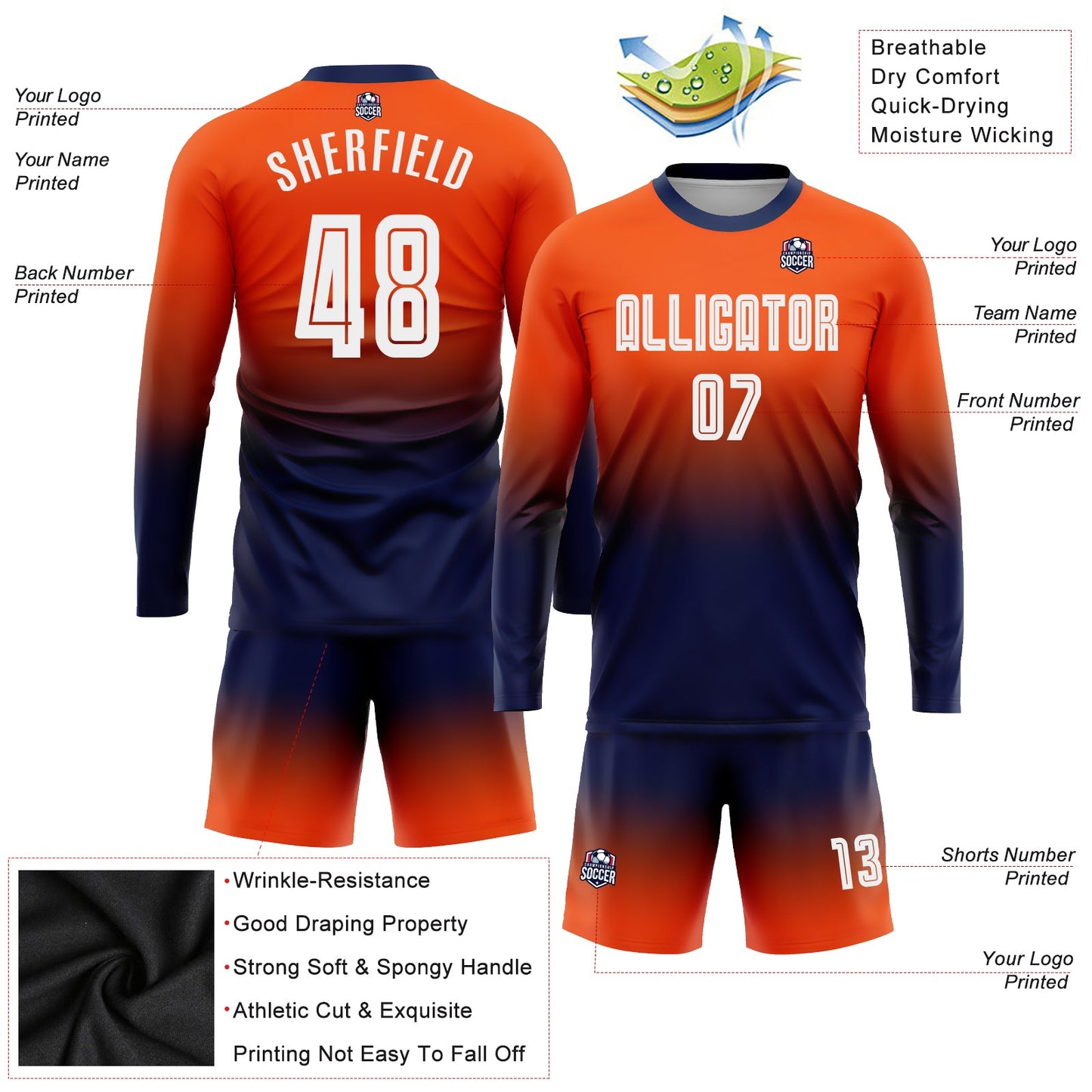 Custom Orange White-Navy Sublimation Long Sleeve Fade Fashion Soccer Uniform Jersey view 3