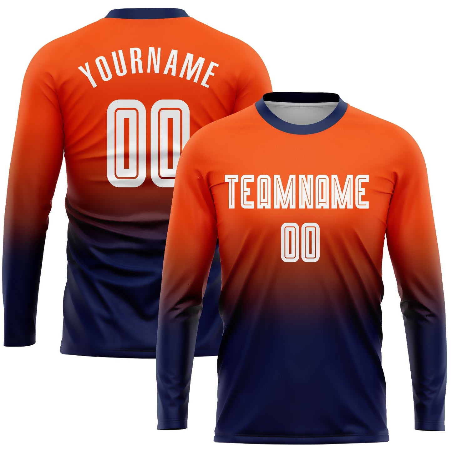 Custom Orange White-Navy Sublimation Long Sleeve Fade Fashion Soccer Uniform Jersey - Main View