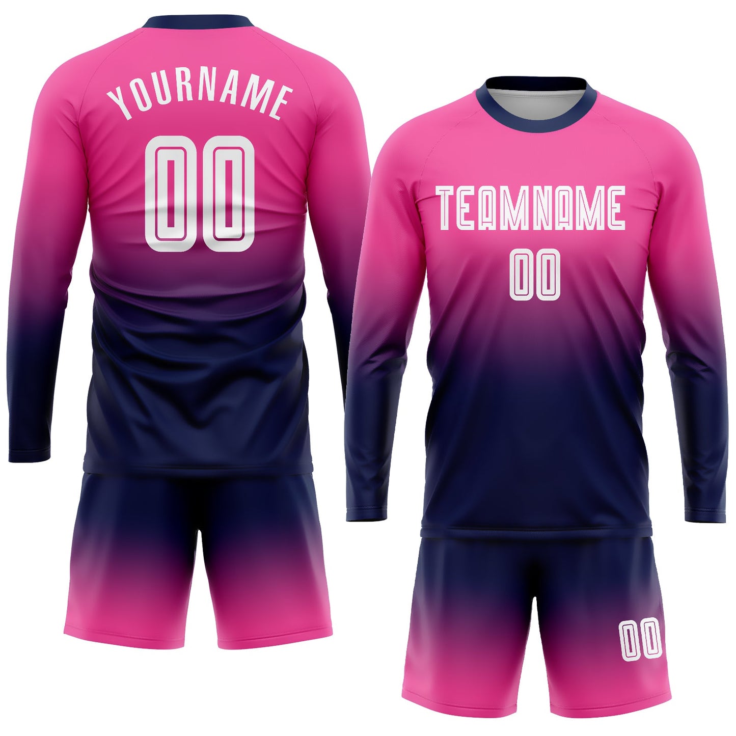 Custom Pink White-Navy Sublimation Long Sleeve Fade Fashion Soccer Uniform Jersey view 2